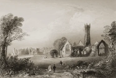 Augustiniánské opatství v Adare, hrabství Limerick, Irsko, z knihy "Scenery and Antiquities of Ireland" od George Virtue, 60. léta 19. století