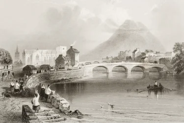 Ballina, hrabství Mayo, z „Scenérie a starožitnosti Irska“ od George Virtue, 60. léta 19. století