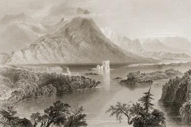 Ballynahinch, Connemara, County Galway, Irsko, z „Scenery and Antiquities of Ireland“ od George Virtue, 1860