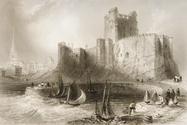 Hrad Carrickfergus, hrabství Antrim, Severní Irsko, z knihy "Scenery and Antiquities of Ireland" od George Virtueho, 60. léta 19. století