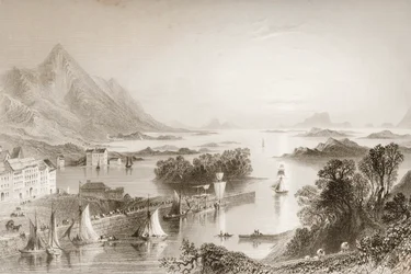 Clew Bay viděný z Westport, hrabství Mayo, z „Scenery and Antiquities of Ireland“ od George Virtue, 1860