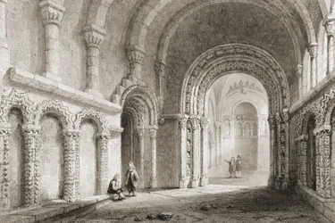 Cormacova kaple (postavena 1127-34), The Rock of Cashel, hrabství Tipperary, Irsko, z „Scenery and Antiquities of Ireland“ od George Virtue, 1860