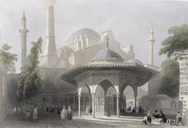 Dvůr a fontána sv. Sofie, Istanbul, vyryl J. Redaway, kolem roku 1850 (akvatinta)