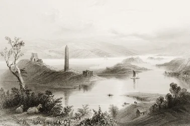 Ostrov Devenish, hrabství Fermanagh, Irsko, z knihy "Scenery and Antiquities of Ireland" od George Virtue, 60. léta 19. století