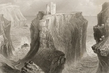 Hrad Dunseverick, hrabství Antrim, Severní Irsko, z díla «Irské scenérie a starožitnosti» od George Virtue, 60. léta 19. století