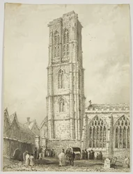 Exteriér chrámového kostela, zobrazující internaci, kolem roku 1825 (tužka a akvarel na papíře)