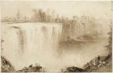 Genesee Falls, Rochester, New York: Study for an Engraving, 1836 (hnědý inkoust se škrábáním na papíře)