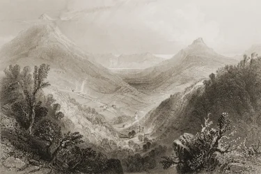 Glen of the Downs, hrabství Wicklow, Irsko, z „Scenery and Antiquities of Ireland“ od George Virtue, 1860 (rytina)