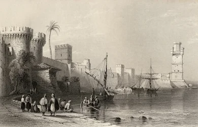 Harbour of Rhodes, Řecko, vyryto J.C. Armytage (1820-97)