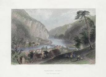 Harpers Ferry (ze strany Potomacu), pub. 1839 (ručně kolorovaná rytina)