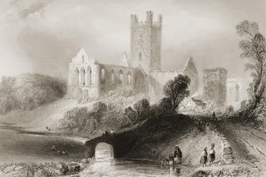 Jerpoint Abbey, County Kilkenny, Irsko, z „Scenery and Antiquities of Ireland“ od George Virtue, 1860