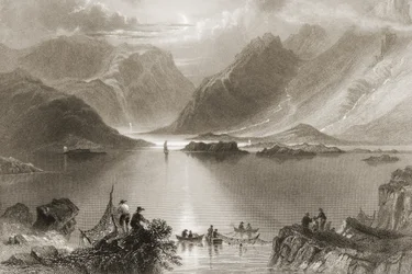 Killary Harbour, County Mayo, Irsko, z „Scenery and Antiquities of Ireland“ od George Virtue, 1860