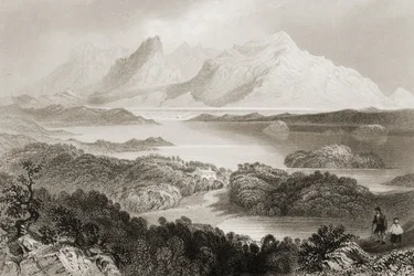 Jezero Garromin, Connemara, hrabství Galway, z knihy "Scenery and Antiquities of Ireland" od George Virtue, 60. léta 19. století