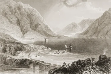 Leenane, Connemara, County Galway, Irsko, z „Scenery and Antiquities of Ireland“ od George Virtue, 1860