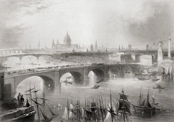 Londýn, Southwark a Blackfriars mosty přes řeku Temži, Londýn, Anglie, z „Cyklopedie užitečných umění a manufaktur“ od Charlese Tomlinsona