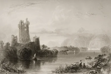 Ross Castle, Killarney, hrabství Kerry, z „Scenérie a starožitnosti Irska“ od George Virtue, 1860