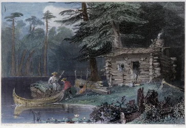 Dům malých osadníků na jezeře Chaudière - v ""kanadské scenérii ilustrované" W.H. Bartlett, Londýn