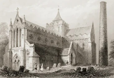 Katedrála sv. Canice, Kilkenny, hrabství Kilkenny, Irsko, z „Scenery and Antiquities of Ireland“ od George Virtue, 60. léta 19. století