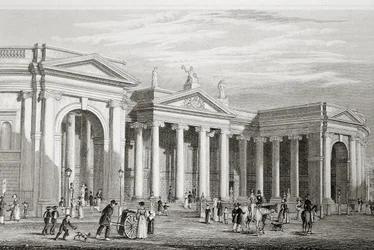 Bank of Ireland, Dublin, postavená v roce 1729, z „Scenery and Antiquities of Ireland“ od George Virtue, 1860