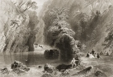 Řeka Dargle, hrabství Wicklow, z „Scenérie a starožitnosti Irska“ od George Virtue, 1860
