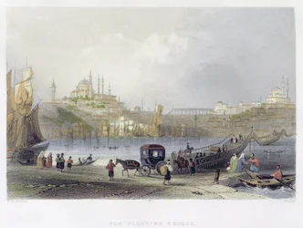 Plovoucí most, Istanbul, rytina J. C. Bentleyho, asi 1850 (akvatinta)