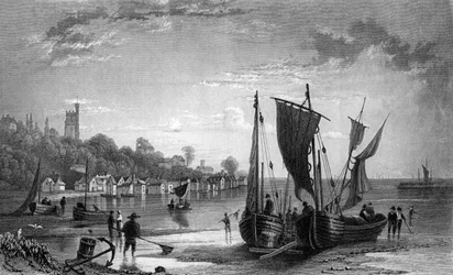 Village of Leigh, poblíž Southend, Essex, vyrytý Charles Mottram, 1833