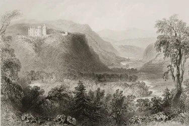 Vale of Avoca, hrabství Wicklow, Irsko, z knihy "Scenery and Antiquities of Ireland" od George Virtue, 60. léta 19. století