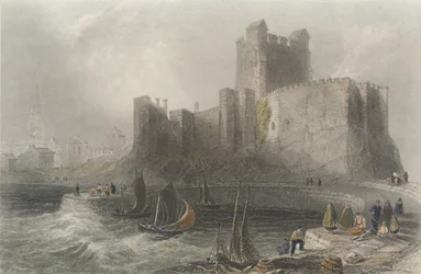 Pohled na hrad Carrickfergus (barevná rytina)