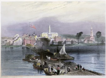 Pohled na Cobru a přepravu dřeva - v ""Kanadské scenérii ilustrované" William Henri Barlett, ed. George Virtue