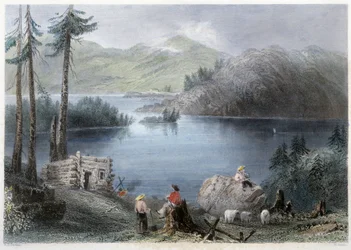 Pohled na jezero a hranice – v „kanadské scenérii ilustrované“ Bartlettem W. H.