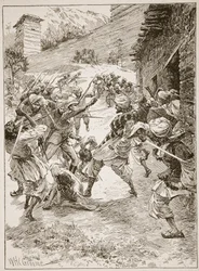 Poručík Harley se v čele čtyřiceti Sikhů a šedesáti Kašmírců vrhl na dům přes ústí dolu, ilustrace z knihy "Bitvy devatenáctého století" od Archibalda Forbese, G. A. Hentyho a dalších.