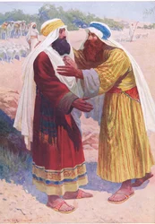 Setkání Jákoba a Ezaua, z knihy The Bible Picture Book vydané nakladatelstvím Thomas Nelson, cca 1950.