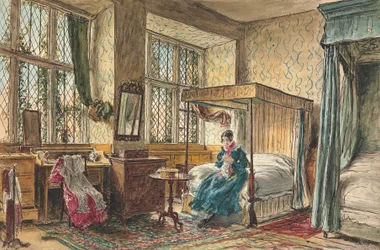Slečna Mooreová šijící ve své ložnici, Hardwick Hall, Derbyshire
