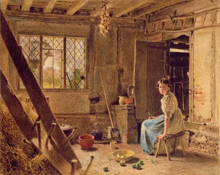 Služka a straka, interiér chaty v Shillington, Bedfordshire, 1834 (Wc zvýrazněno bílou barvou na papíře)