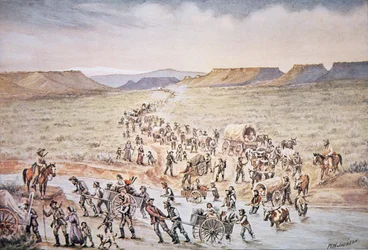 Průkopníci mormonských ručních vozíků mířících na západ do Utahu v roce 1850 (barevné lito)