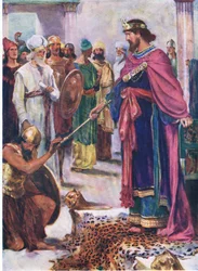 David, král Izraele, z Obrazové knihy Bible vydané Thomasem Nelsonem, kolem 1950