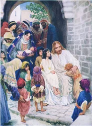 Ježíš a děti, z The Bible Picture Book vydané Thomasem Nelsonem, kolem roku 1950