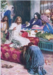 Mary and the alabastr box, from The Bible Picture Book vydané Thomasem Nelsonem, c.1950
