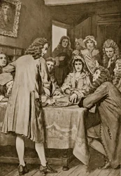 Paterson vysvětluje Darienovo schéma v Edinburghu, 1694, ilustrace z 