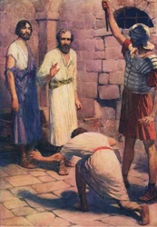 Pavel a Silas ve vězení, z Obrazové knihy Bible vydané Thomasem Nelsonem, kolem roku 1950