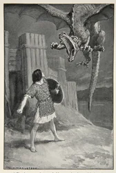 Drak se k němu ponořil a otevřel své hrozné čelisti z „Hrdinských mýtů a legend britské rasy“ od M.I. Ebbutt, 1910
