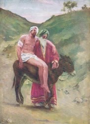 Dobrý Samaritán, z The Bible Picture Book vydané Thomasem Nelsonem, kolem roku 1950