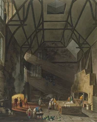 Interior of the Kitchen, Trinity College, Cambridge, od The History of Cambridge, vyryl Joseph Constantine Stadler (fl.1780-1812), pub. od R. Ackermanna, 1815 (barevná akvatinta)