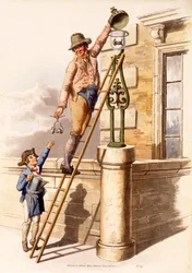 Lamp Lighter, od The Costumes of Great Britain, pub. Henry Miller, 1805 (ručně kolorovaný tisk)