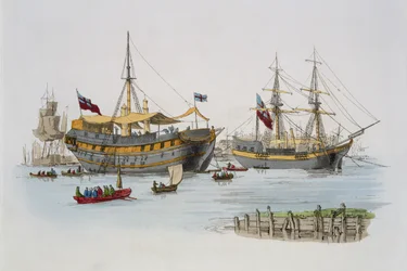 Vězeňské lodě, z „Costume of Great Britain“, vydal William Miller, 1805
