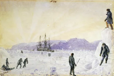 HMS Terror zachycená v ledu poblíž ostrova Southampton, Nunavut, Kanada" Akvarel Williama Smytha, leden 1837 Národní námořní muzeum, Greenwich, Londýn