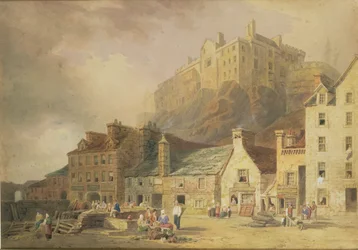 Edinburský hrad z Trhu trávy, s výhledem na Malý západní přístav, asi 1820 (čb a sépie)
