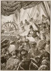 Asi třicet členů posádky předvedlo malou ukázku odporu, ilustrace z „Bitvy devatenáctého století“ od Archibalda Forbese, G.A. Henty a major Arthur Griffiths