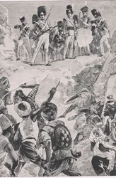 Stoupenci Carmichaelse vypálili salvu do hustého shluku mužů: Bitva o Bharatpur 1826, ilustrace z britských bitev na souši a na moři, 1915