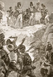 Carmichaelovi následovníci stříleli do hustého shluku mužů před nimi, ilustrace z 